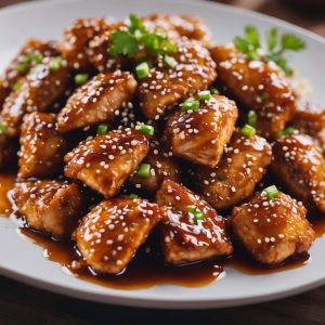 Crispy Honey Garlic Chicken with a sweet and spicy glaze, topped with sesame seeds and spring onions