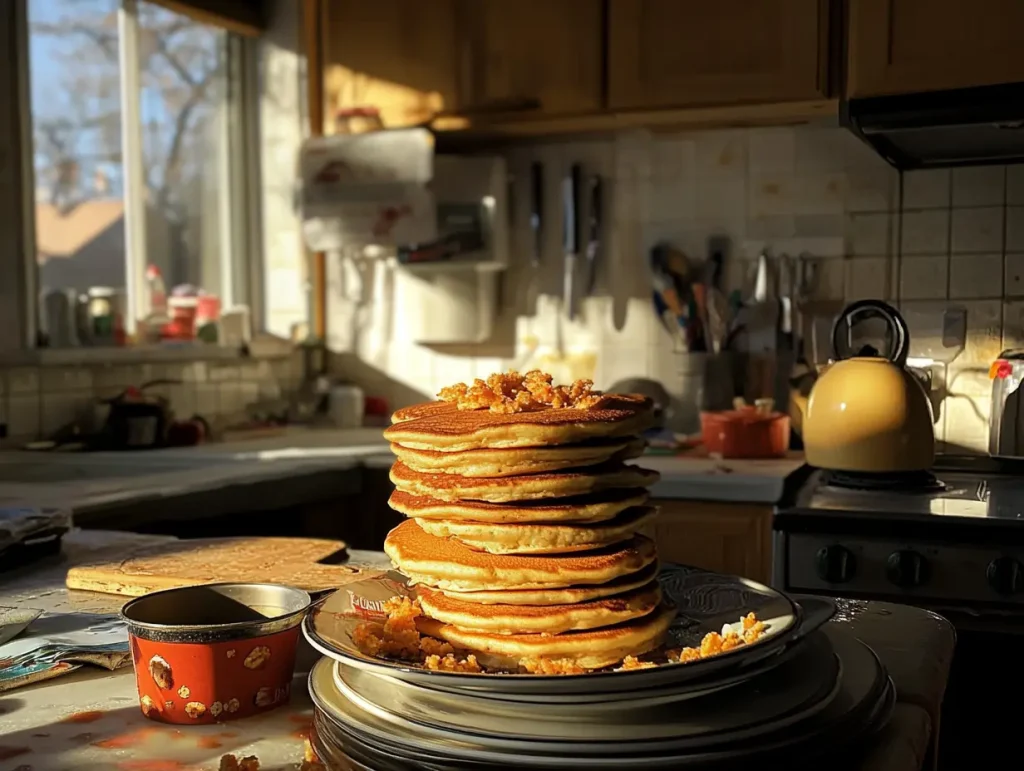 Mouthwatering delicious Hotcake Mix, simple kitchen in background, rich colors, pro lighting, real detailed