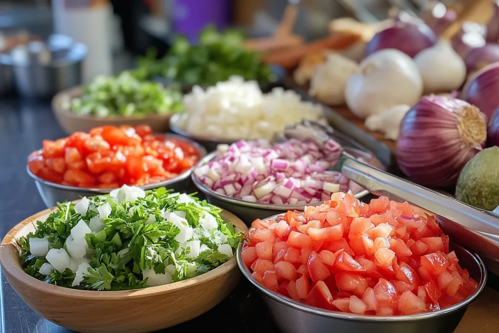 A colorful bowl of cebolla ensalada with thinly sliced red onions, lime wedges, and fresh cilantro on a rustic wooden table.