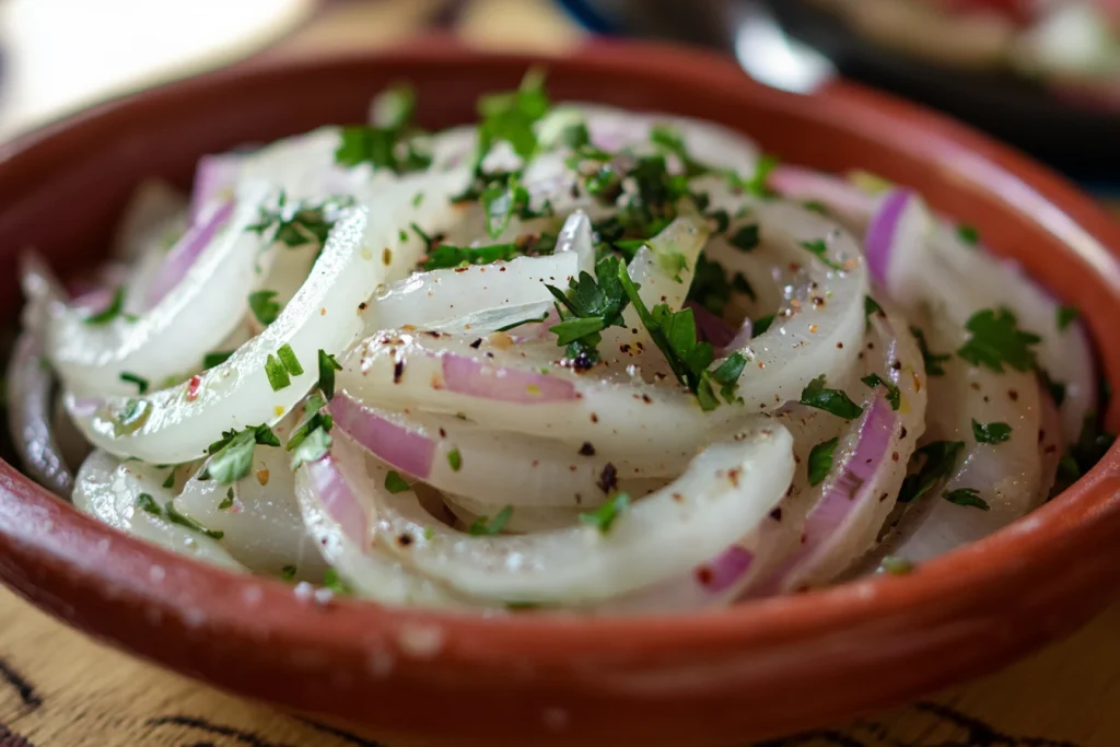 A colorful bowl of cebolla ensalada with thinly sliced red onions, lime wedges, and fresh cilantro on a rustic wooden table.