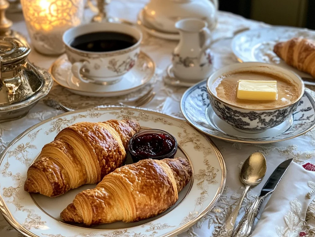 Fresh croissant with café au lait on a Parisian breakfast table.