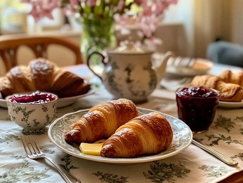Fresh croissant on a Parisian breakfast table.