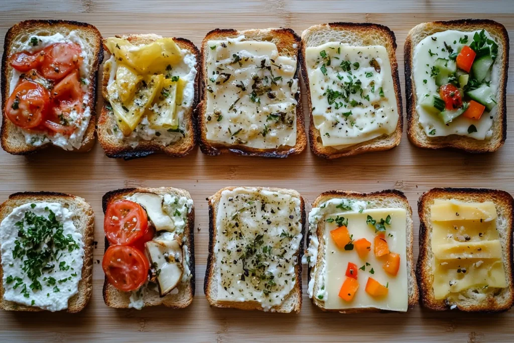 Assorted mini toast with various toppings.