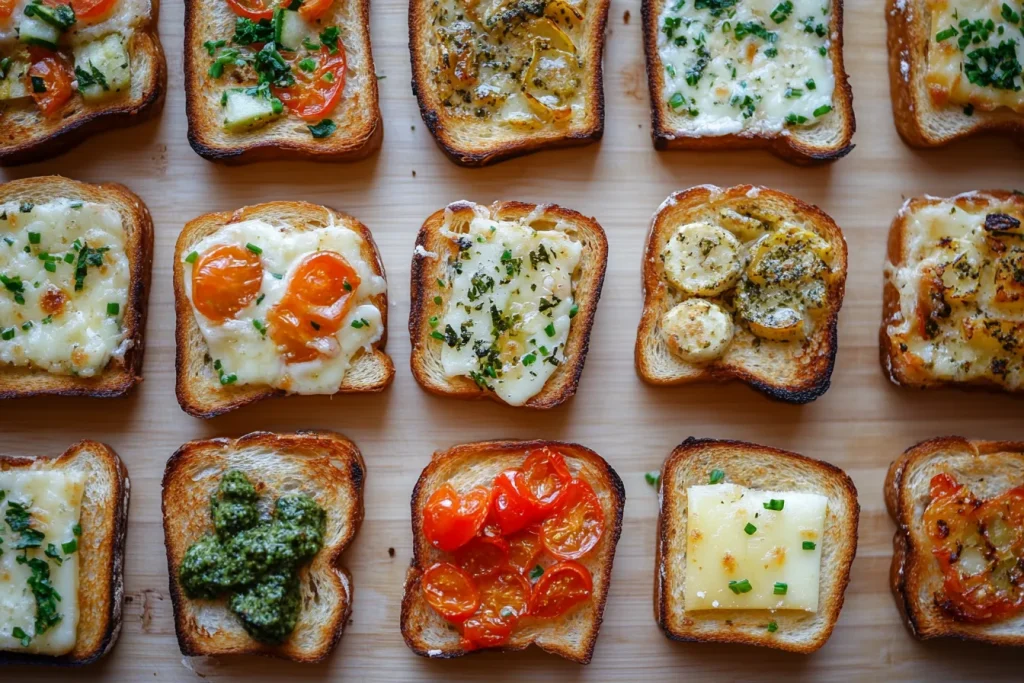 Assorted mini toast with various toppings.