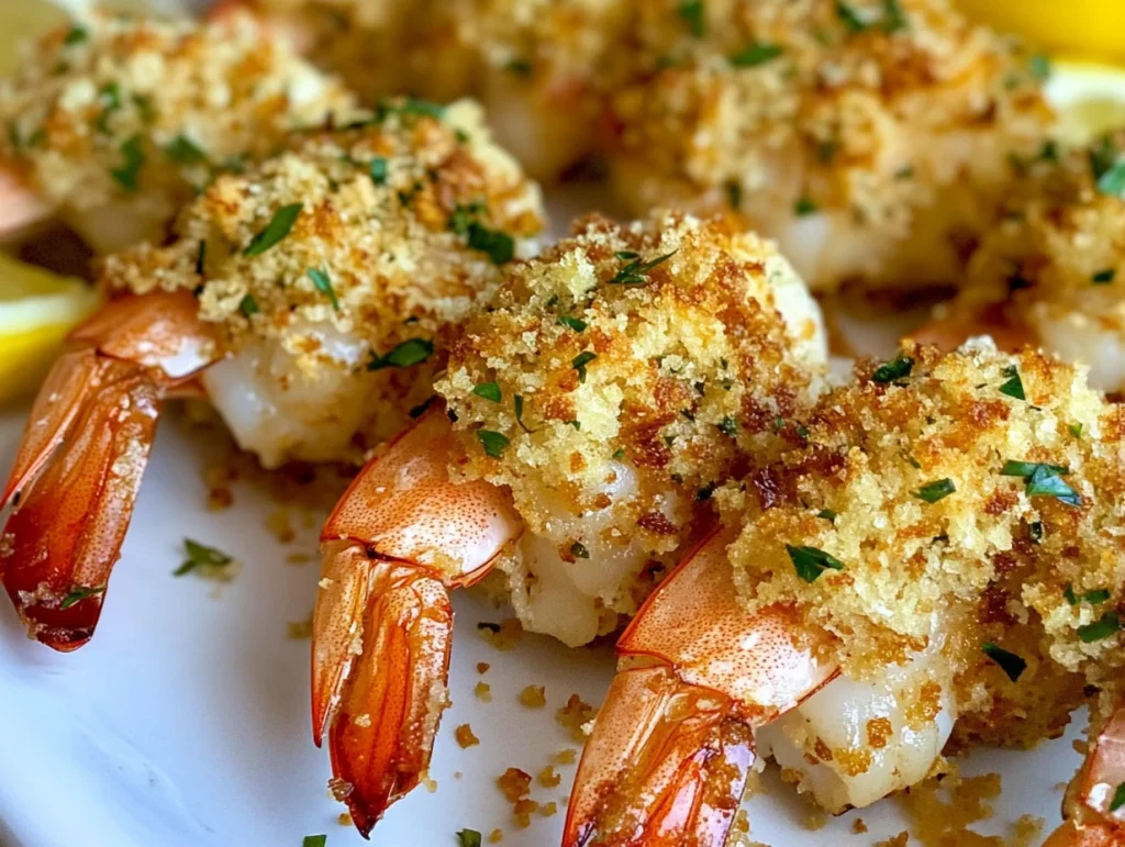 Close-up of crab stuffed shrimp with golden breadcrumbs, served with lemon slices on a white plate.