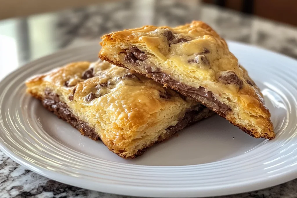 Golden-brown crookies with chocolate chips and flaky layers, served on a rustic wooden board with a glass of milk.