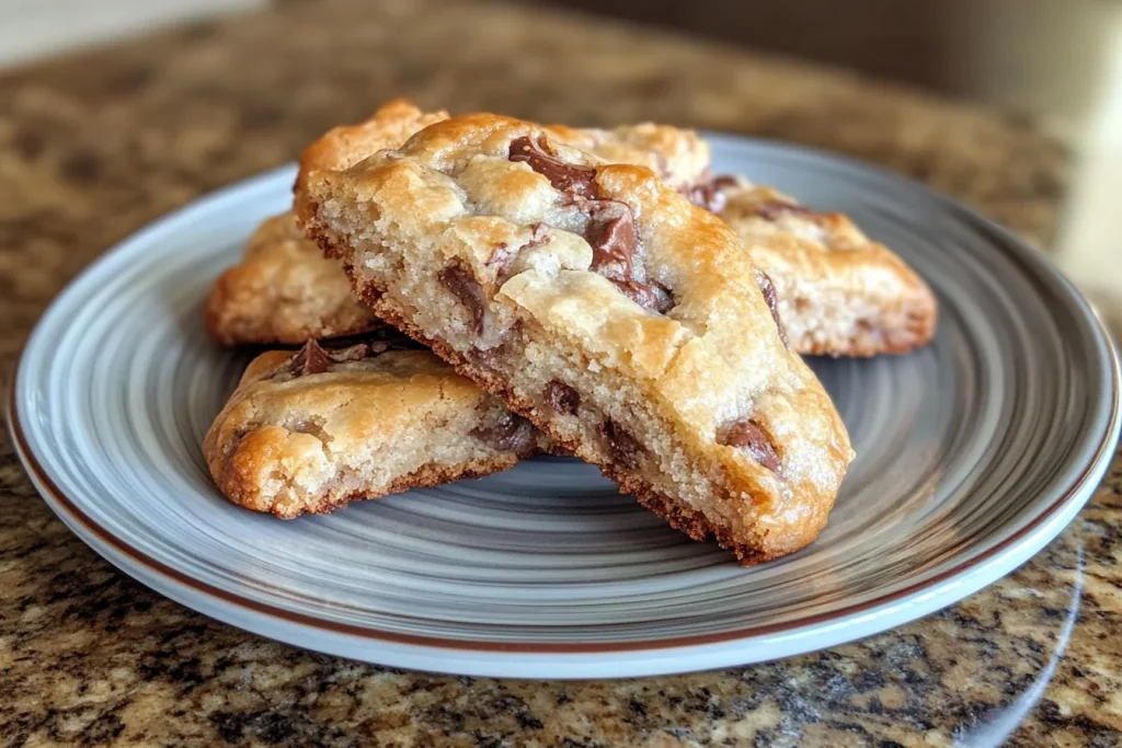 Golden-brown crookies with chocolate chips and flaky layers, served on a rustic wooden board with a glass of milk.