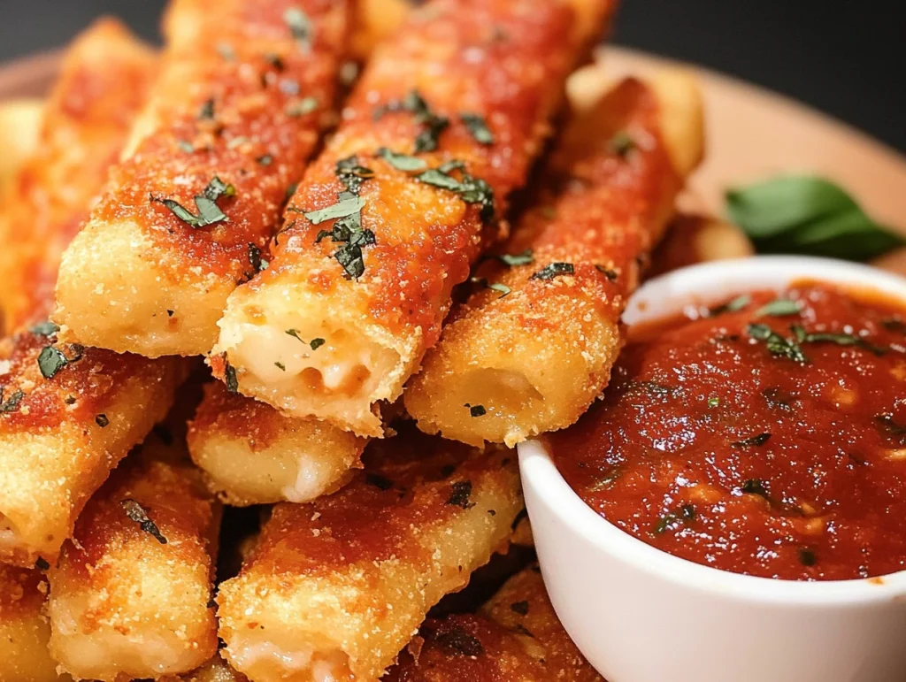 Crispy pizza sticks on a plate with ranch and garlic butter dipping sauces.