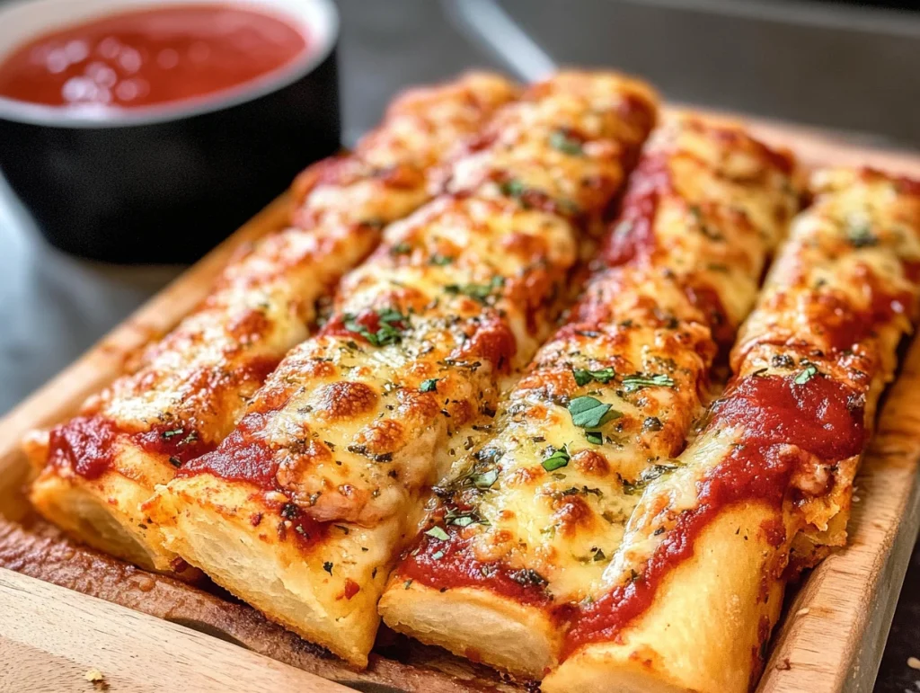 Pizza sticks with melted cheese, fresh basil, and marinara dipping sauce.