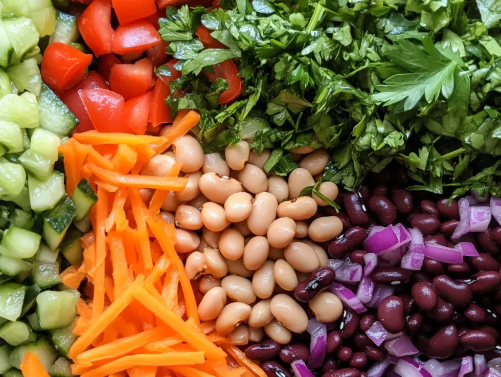 Healthy dense bean salad with colorful beans, fresh vegetables, and herbs.
