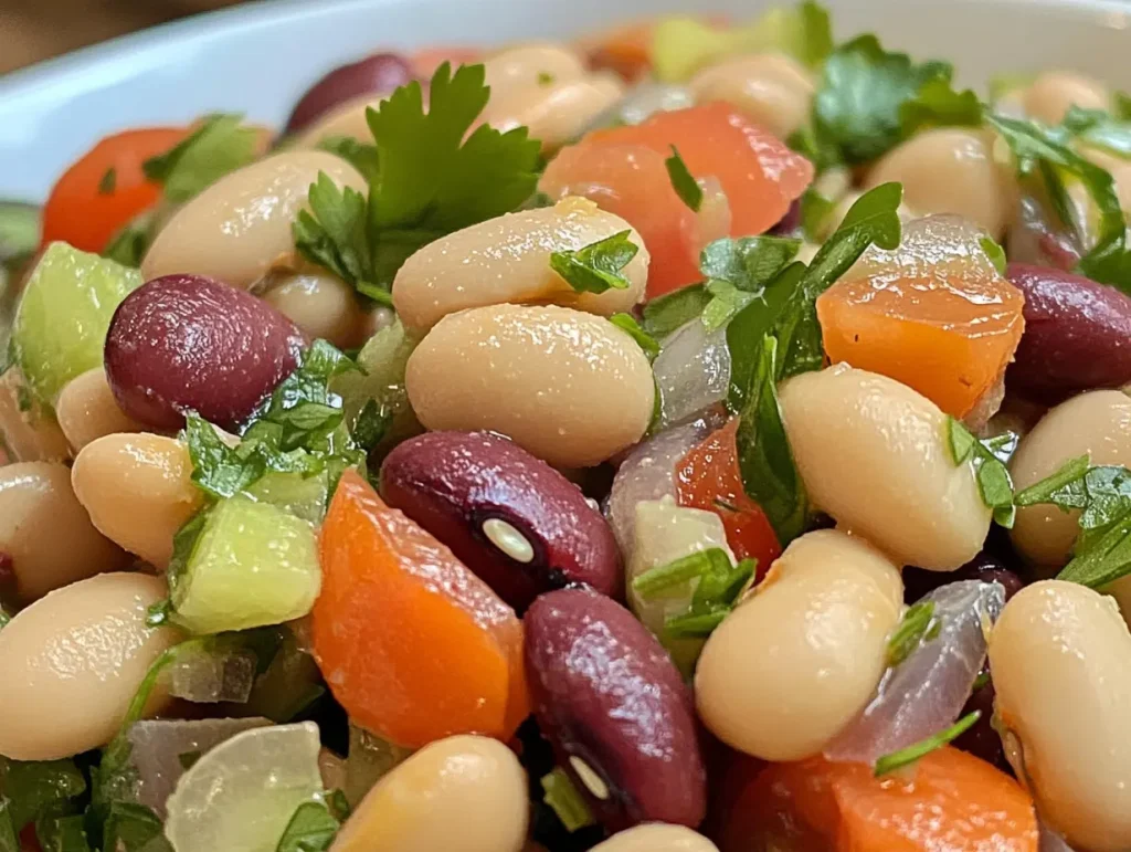 Healthy dense bean salad with colorful beans, fresh vegetables, and herbs.