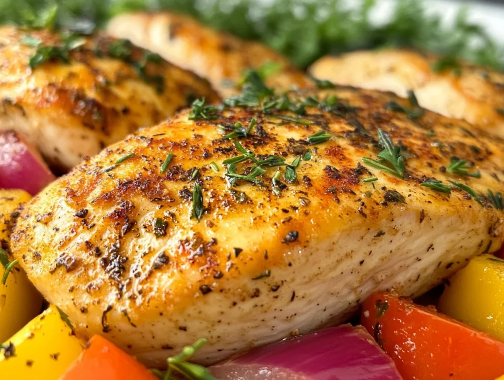 Baked chicken cutlets on a white plate with fresh herbs and a side of vegetables.