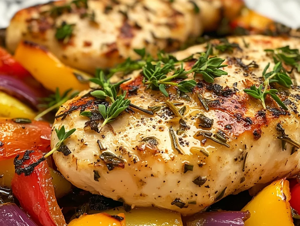 Baked chicken cutlets on a white plate with fresh herbs and a side of vegetables.