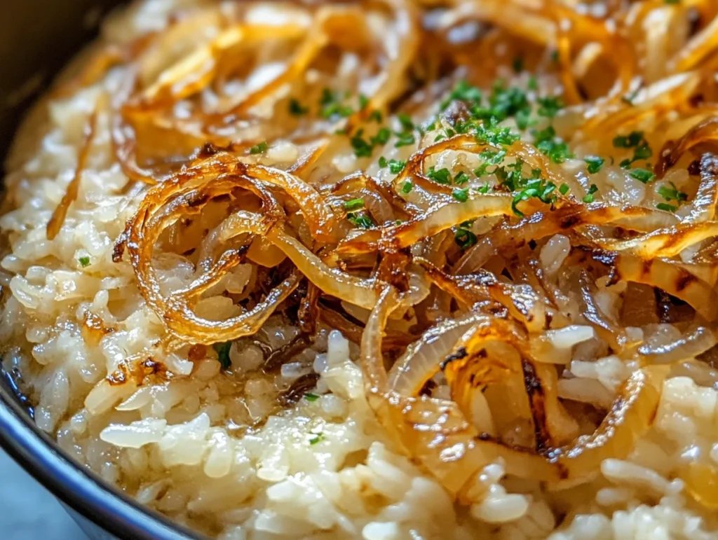 French Onion Soup Rice with caramelized onions and melted cheese