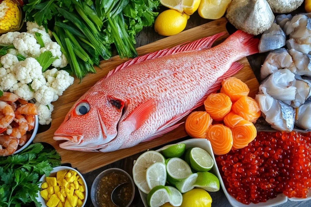 Grilled whole snapper served on a banana leaf, garnished with fresh herbs, lime wedges, and chili slices for an authentic Hmong presentation.