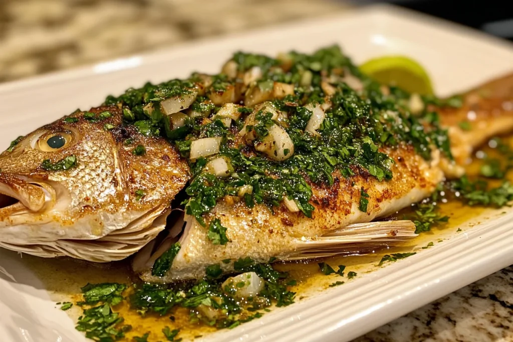 Grilled whole snapper served on a banana leaf, garnished with fresh herbs, lime wedges, and chili slices for an authentic Hmong presentation.