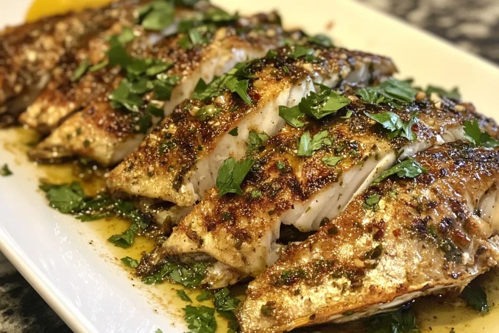Grilled whole snapper served on a banana leaf, garnished with fresh herbs, lime wedges, and chili slices for an authentic Hmong presentation.