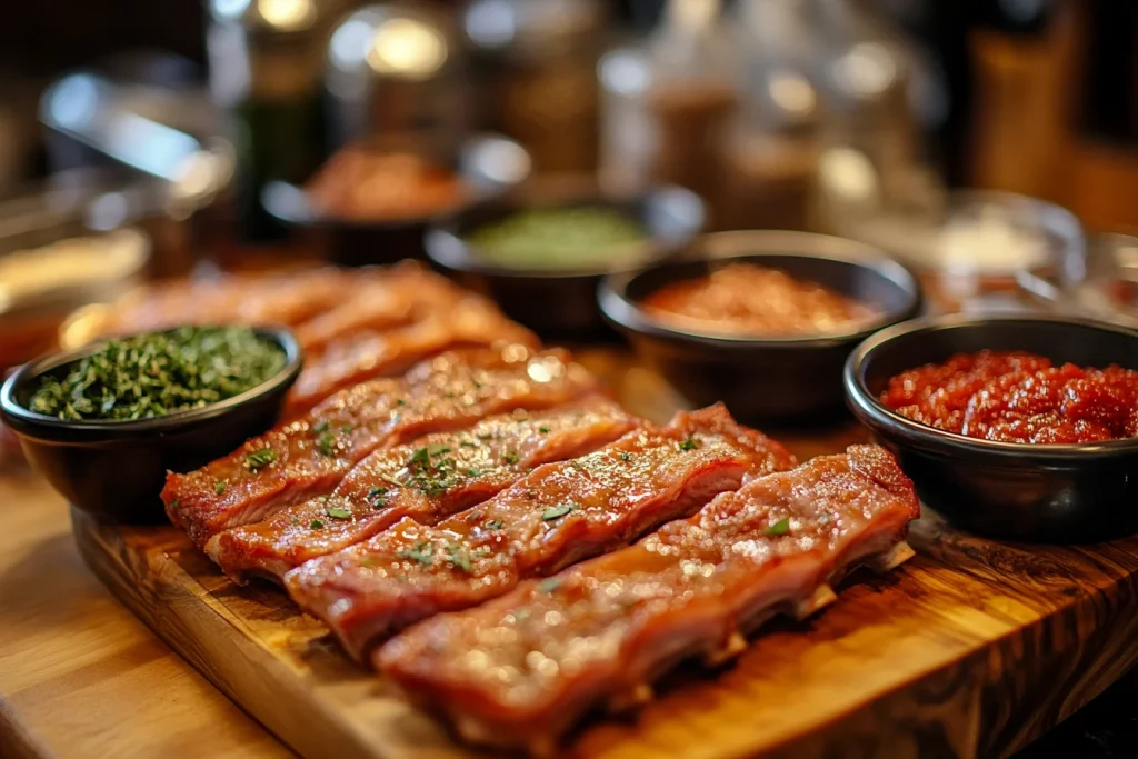 Delicious, glazed party ribs stacked on a wooden platter, garnished with fresh parsley and served with a side of barbecue sauce.