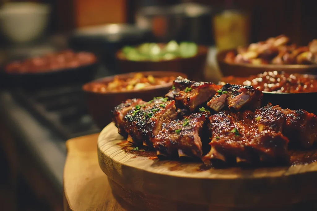 Delicious, glazed party ribs stacked on a wooden platter, garnished with fresh parsley and served with a side of barbecue sauce.
