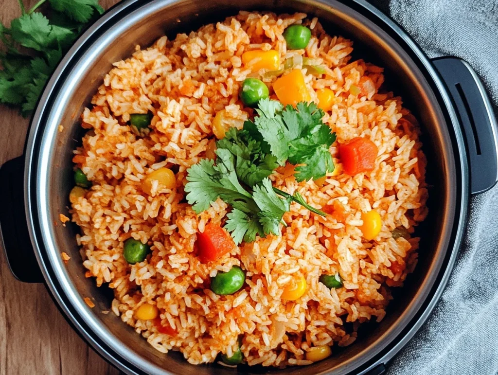 Mexican rice in a rice cooker, served with cilantro and lime wedges for a flavorful side dish