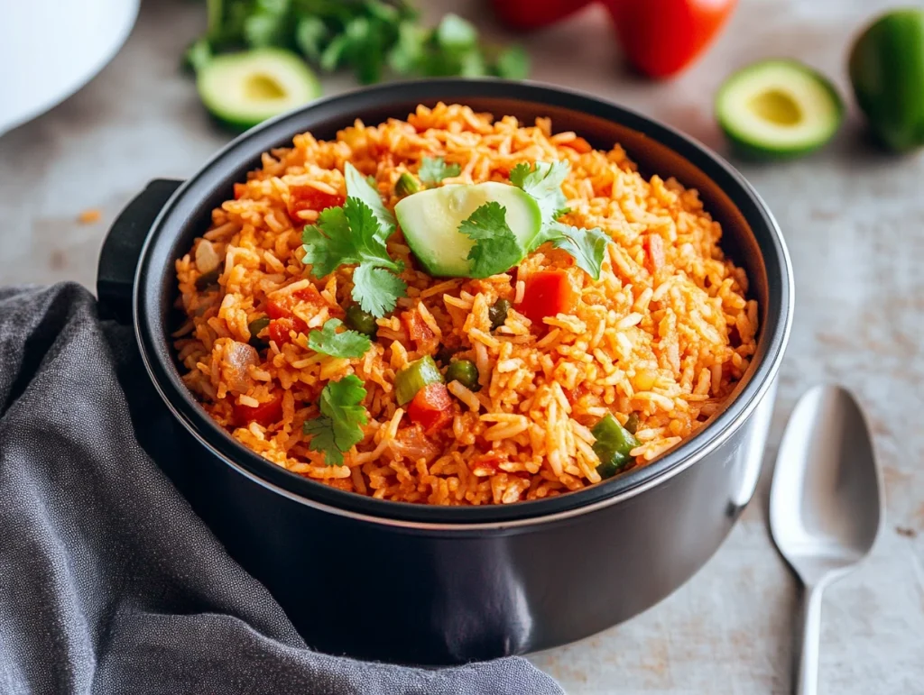 Mexican rice in a rice cooker, served with cilantro and lime wedges for a flavorful side dish