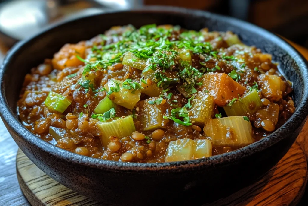 A close-up of smoky lentil stew in a rustic bowl, featuring chunks of potato, slices of chorizo, and tender leeks garnished with parsley.