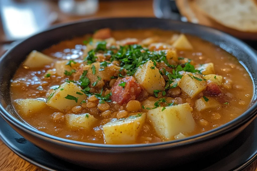 A close-up of smoky lentil stew in a rustic bowl, featuring chunks of potato, slices of chorizo, and tender leeks garnished with parsley.