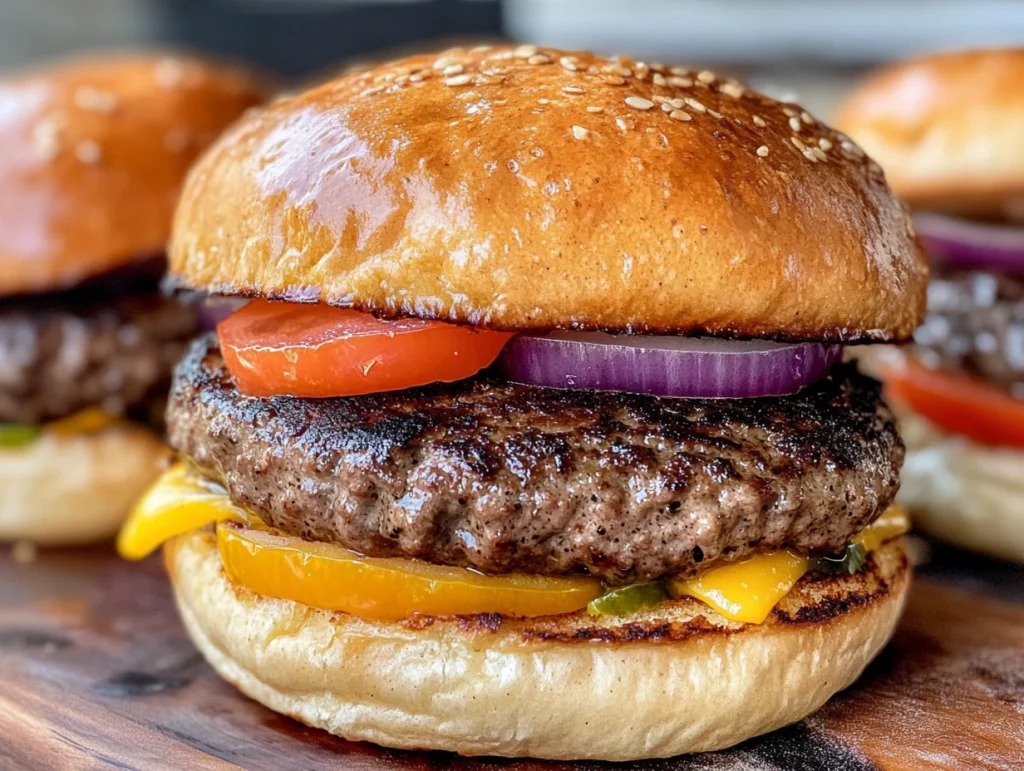 Sourdough hamburger buns close-up on a plate, showcasing their golden-brown texture.