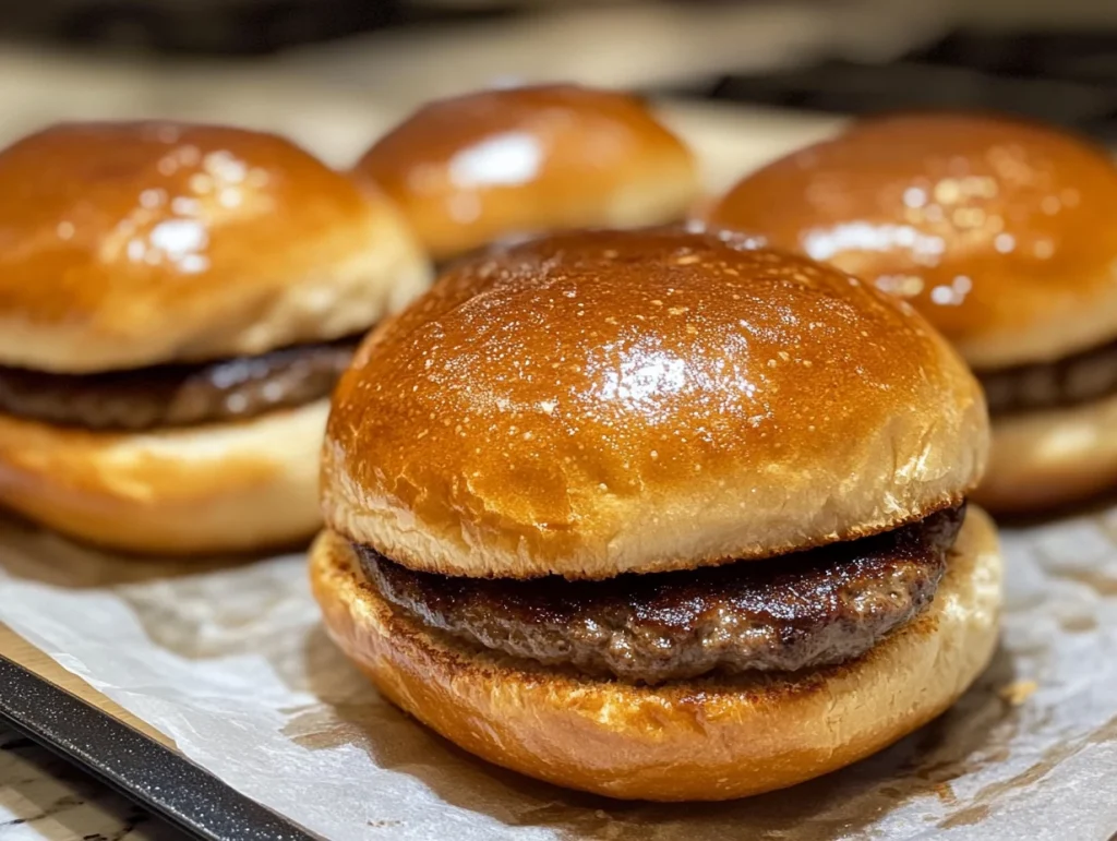 Sourdough hamburger buns close-up on a plate, showcasing their golden-brown texture.