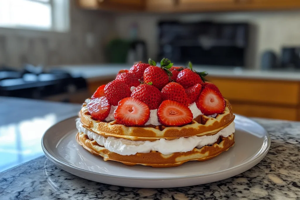 Delicious strawberry waffles topped with fresh strawberries.