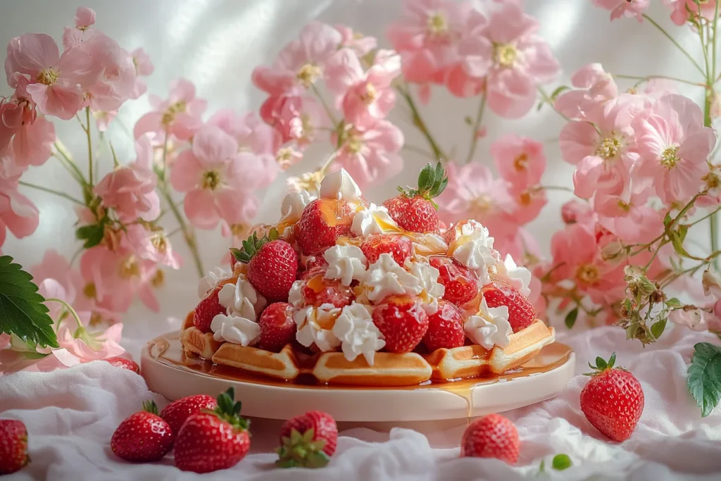 Delicious strawberry waffles topped with fresh strawberries.