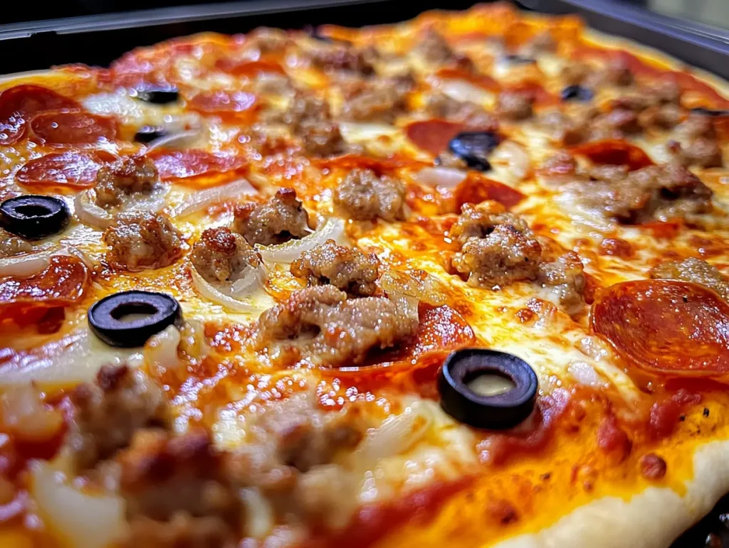 Supreme pizza with a variety of meats, vegetables, and melted cheese on a crispy crust.
