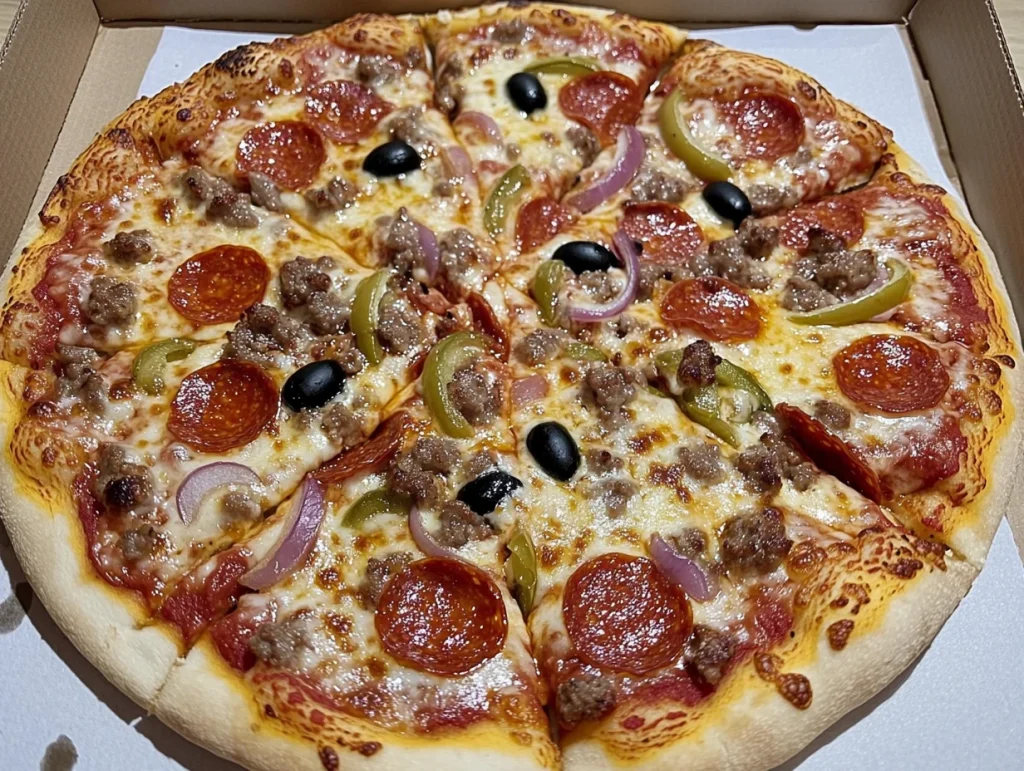 Supreme pizza with a variety of meats, vegetables, and melted cheese on a crispy crust.