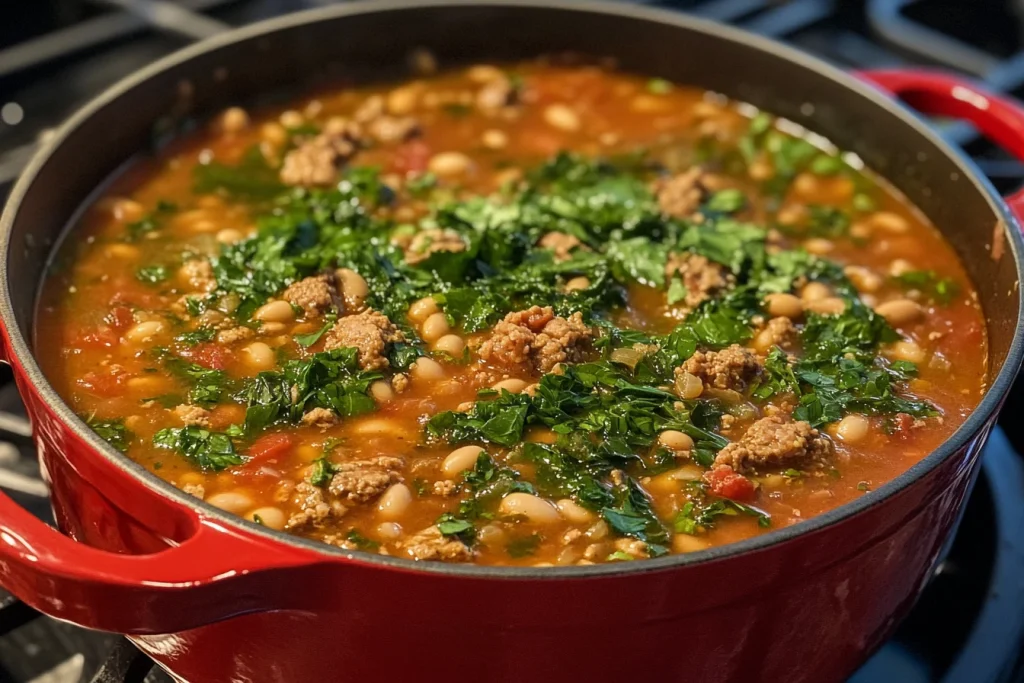 A hearty bowl of swamp soup with greens, beans, and sausage, garnished with fresh parsley and served with crusty bread on the side
