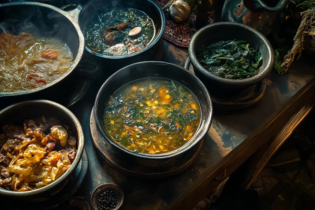 A hearty bowl of swamp soup with greens, beans, and sausage, garnished with fresh parsley and served with crusty bread on the side