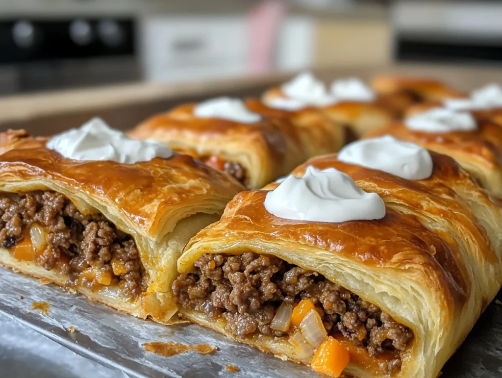 Crescent rolls stuffed with taco filling, cheese, and topped with fresh lettuce and sour cream