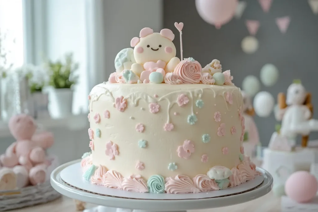A beautifully decorated baby shower cake with pastel frosting.