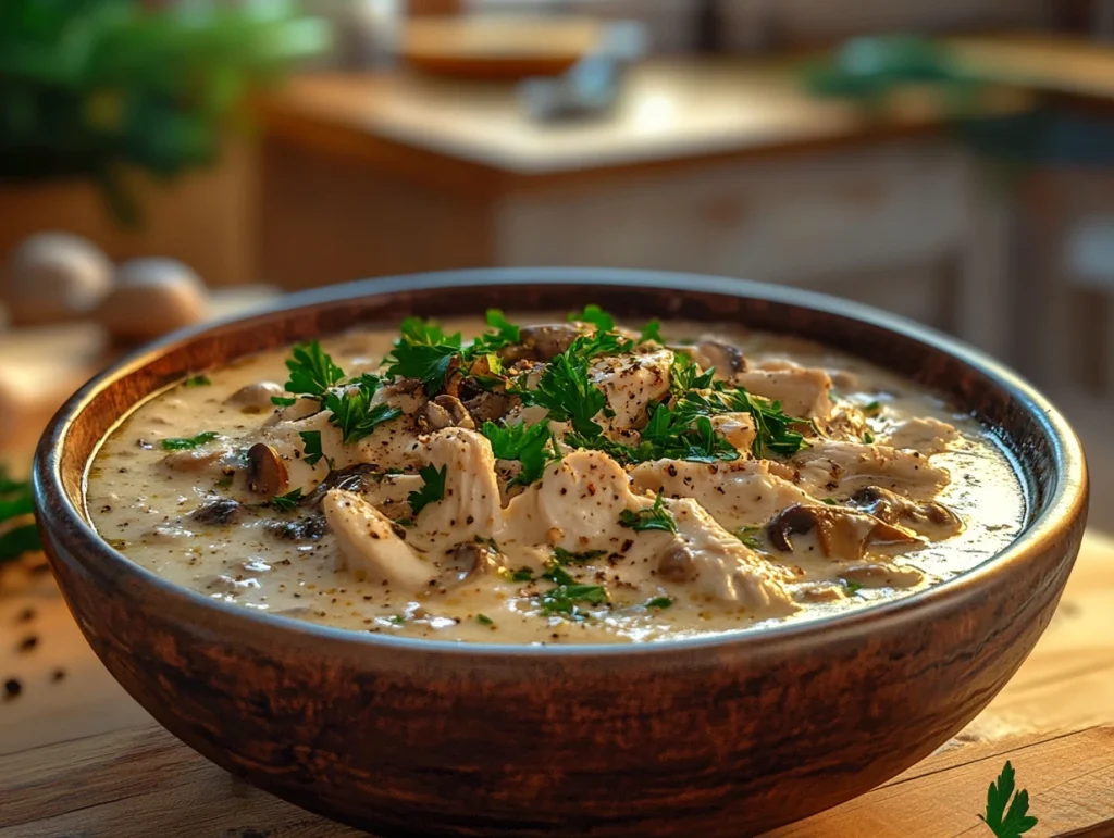 A bowl of Cream of Mushroom soup garnished with herbs.