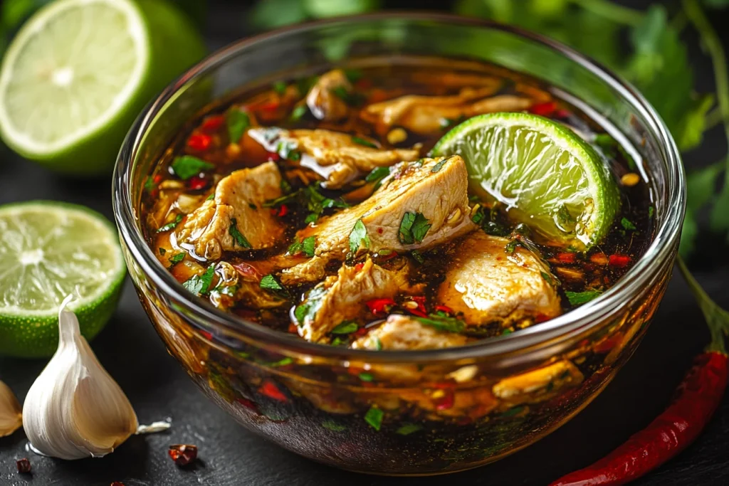 Close-up of chicken fajita marinade in a glass bowl surrounded by fresh lime slices, garlic cloves, and chili peppers