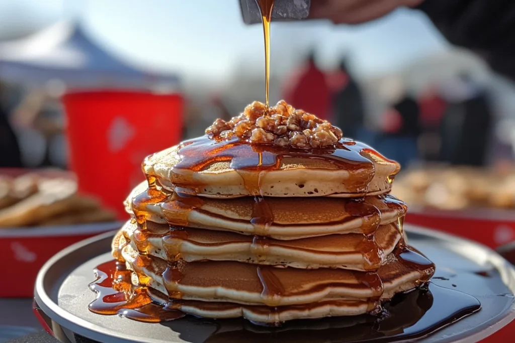 Fluffy pancakes topped with maple syrup served at the CMS Pancake Breakfast event.