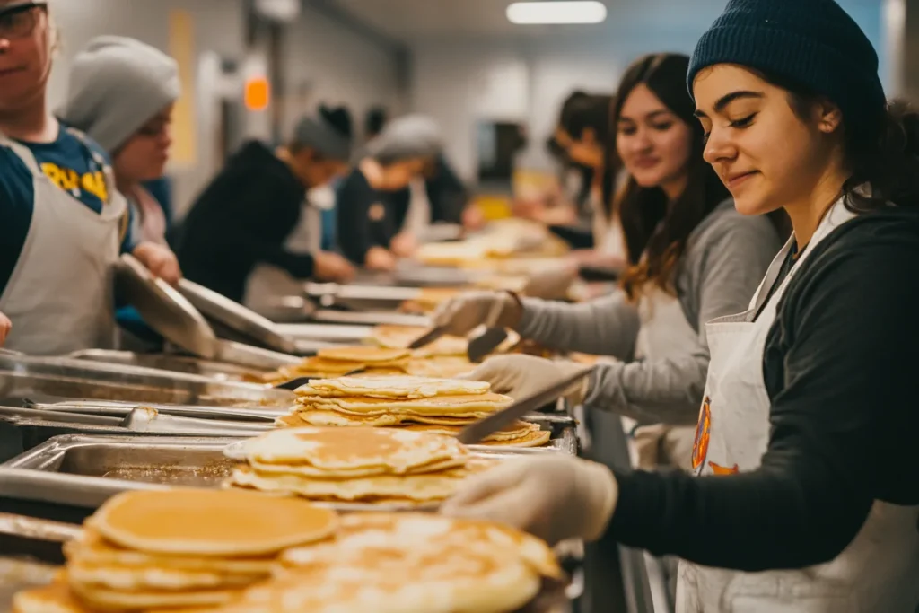 Volunteers serving pancakes at the CMS Pancake Breakfast, bringing smiles to the community.