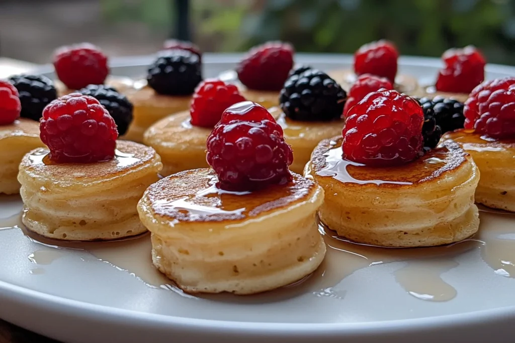 Close-up of fluffy mini pancakes topped with fresh berries and syrup on a plate