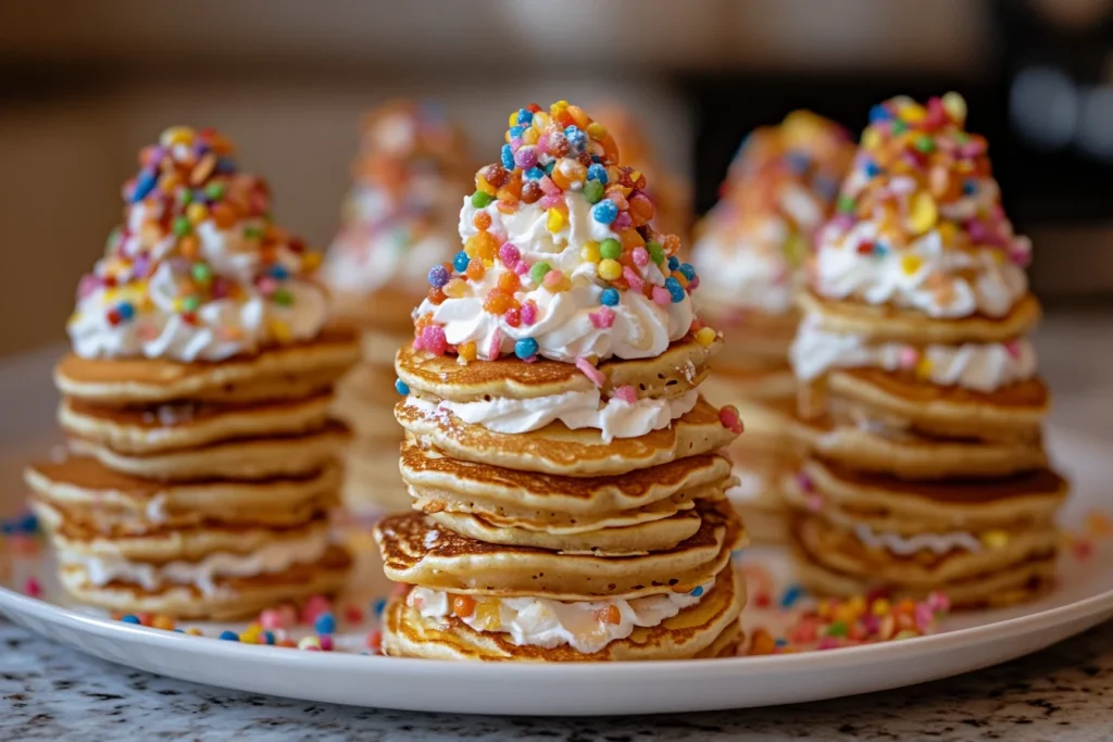 Mini pancakes stacked on a platter with whipped cream and colorful toppings.