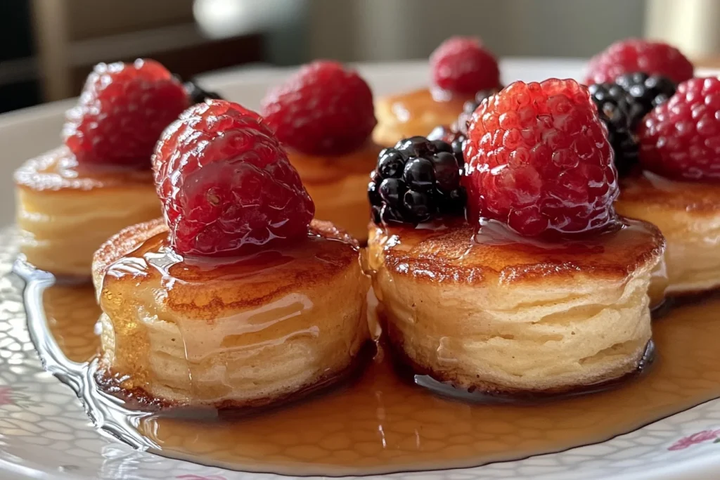 Close-up of fluffy mini pancakes topped with fresh berries and syrup on a plate