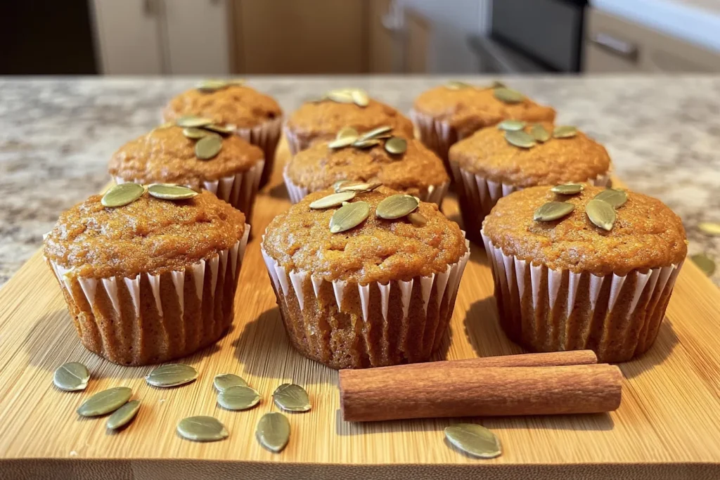 Freshly baked protein pumpkin muffins on a wire rack.