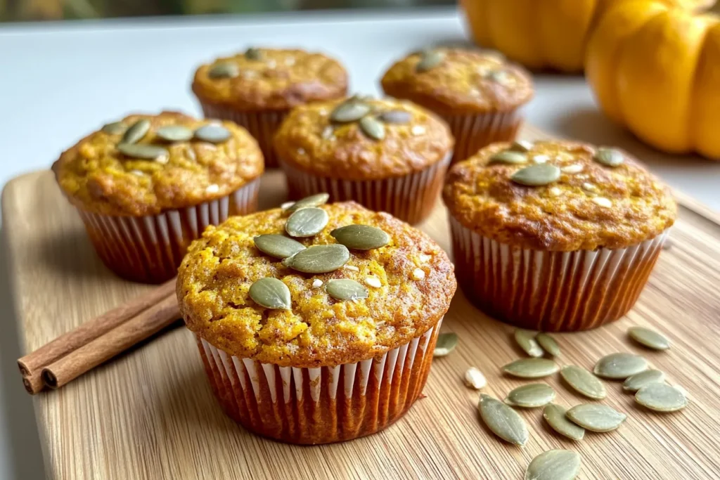 Freshly baked protein pumpkin muffins on a wire rack.