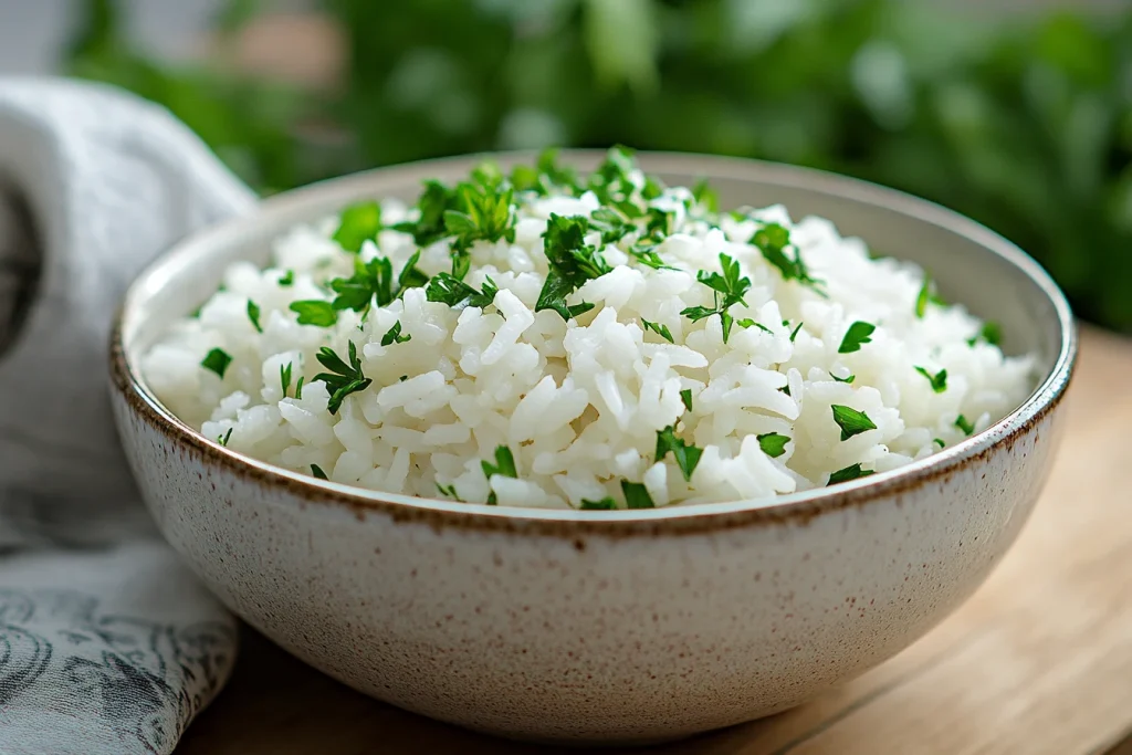 Steaming hot Sassy Rice in a ceramic bowl garnished with chopped parsley and served on a wooden table.