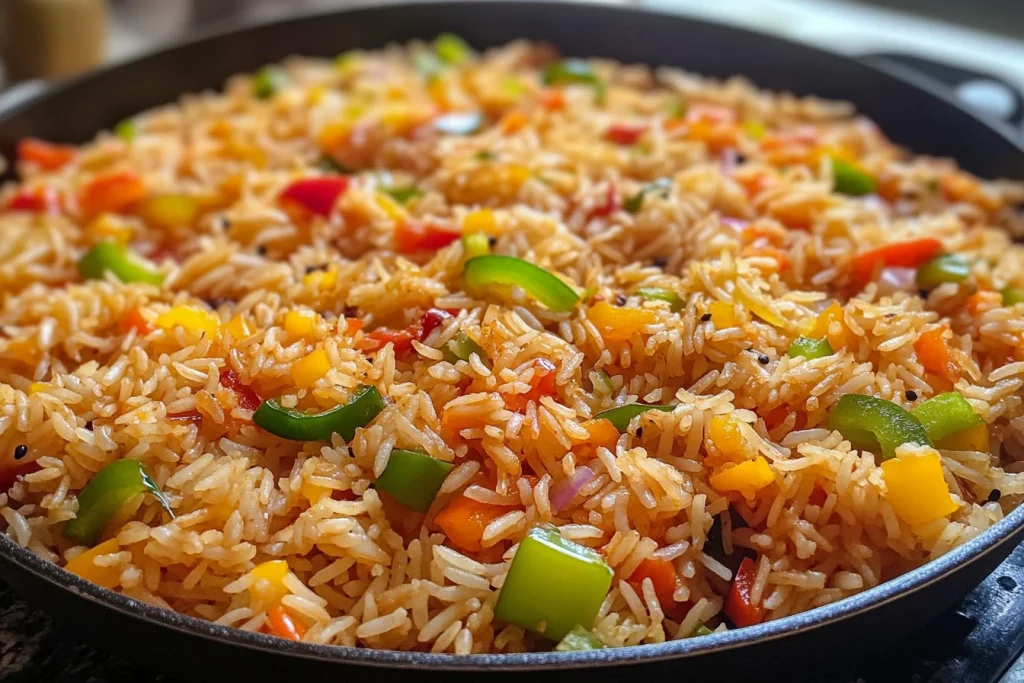 Cooking process of Sassy Rice with onions, peppers, and seasonings in a non-stick pan.
