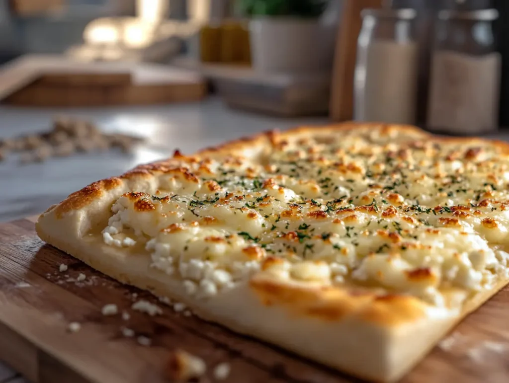 Mouthwatering delicious cottage cheese flatbread cheesy with granish not like pizzw, simple kitchen in background, rich colors, pro lighting, real detailed