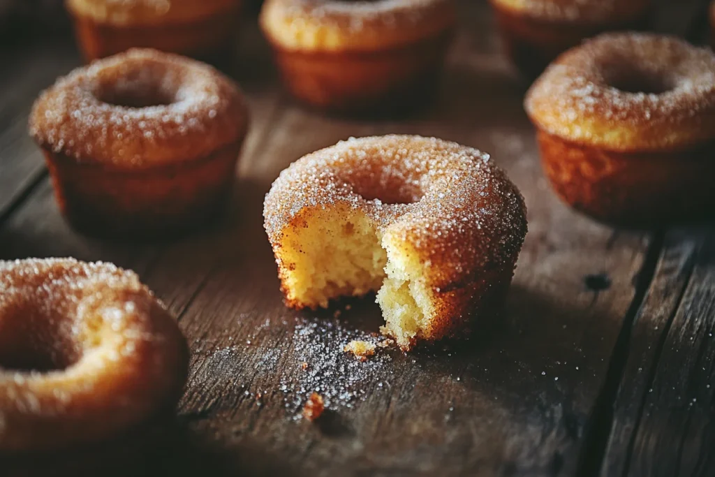 Vegetarian cinnamon sugar donut muffins arranged on a plate.